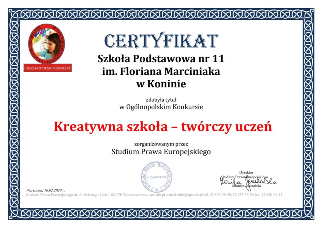 Certyfikat udziału w ogólnopolskim konkursie kreatywna szkoła twórczy uczeń