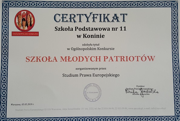 Certyfikat udziału szkoły w ogólnopolskim konkursie szkoła młodych patriotów