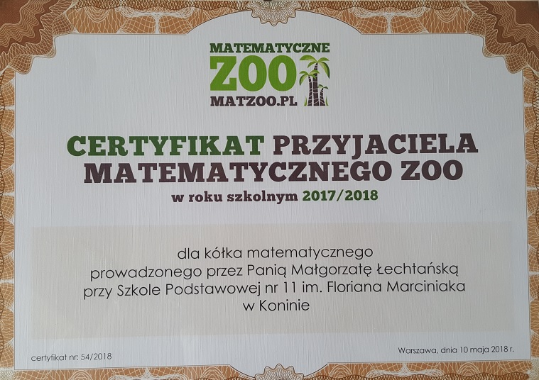 Certyfikat od matematycznego zoo dla koła matematycznego w roku szkolnym 2017/2018