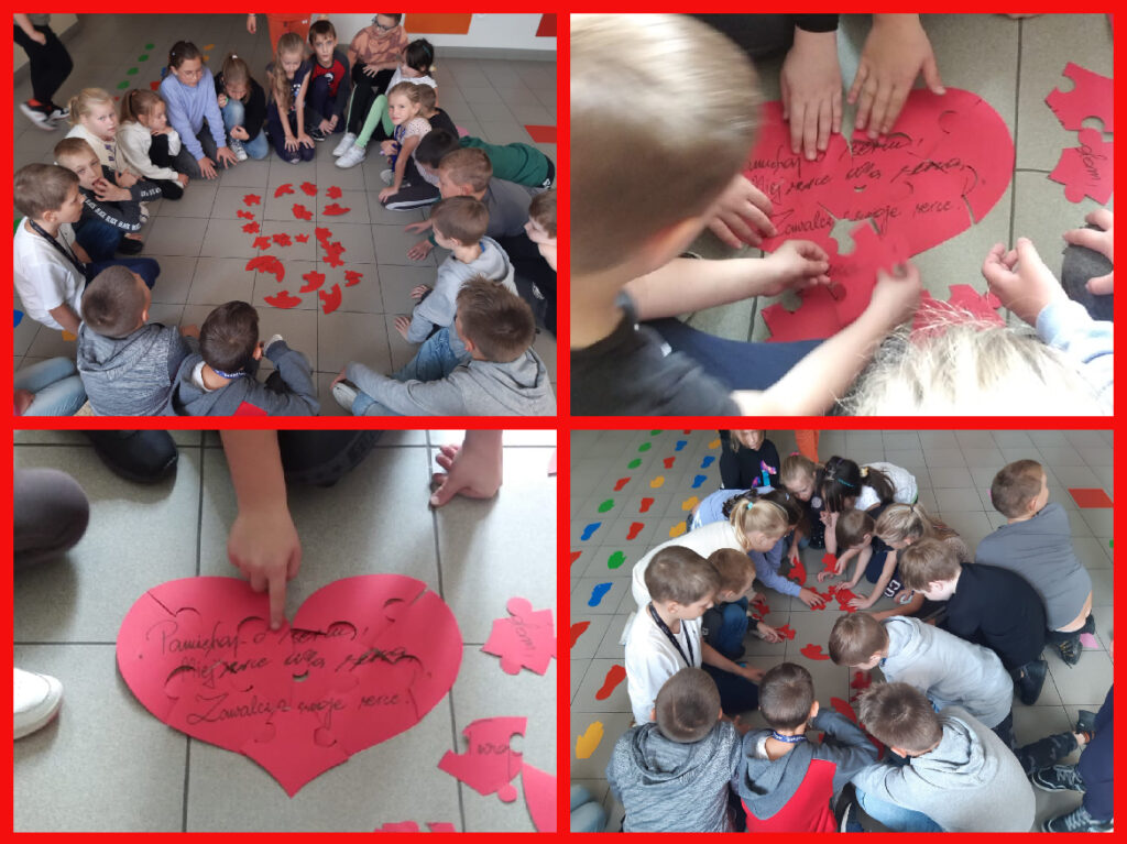 Kolaż przedstawia uczniów klasy trzeciej układające puzzle w kształcie serca z cytatami.
