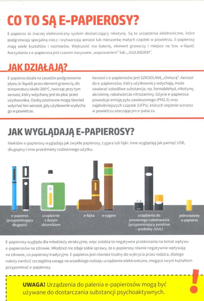 Plakat przedstawia informacje o  złym wpływie e-papierosó