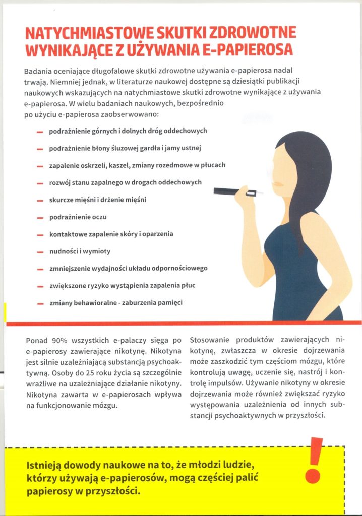 Plakat przedstawia informacje o  złym wpływie e-papierosó