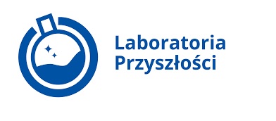 Obrazek przedstawia napis programu Laboratoria Przyszłości białe tło niebieski napis z grafiką koła