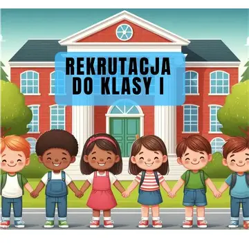 Na tle budynku szkoly stoją dzieci z różnych zakątków świata i jest napis rekrutacja do klasy 1.