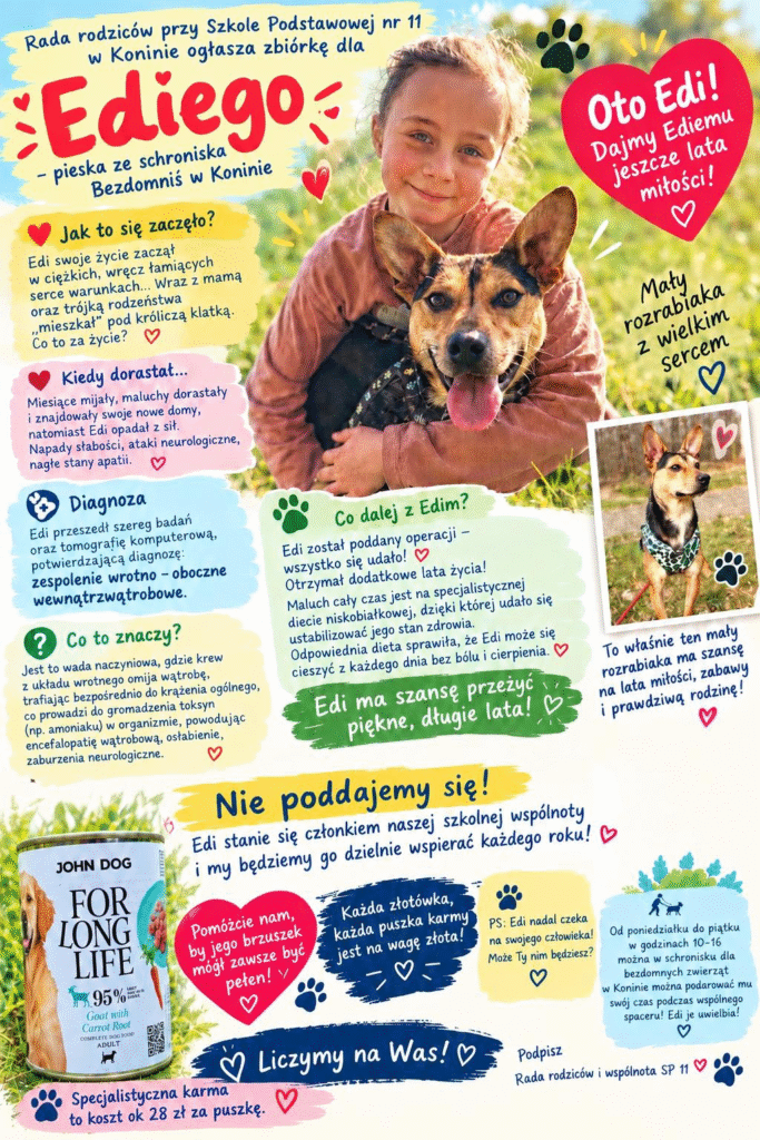 Plakat zbiórki dla pieska Ediego ze Schroniska Bezdomniś w Koninie. Zbierane są pieniądze oraz puszki karmy John Dog For Long Life. Dary można przynosić do świetlicy szkolnej. Zbiórka trwa do 30 stycznia.