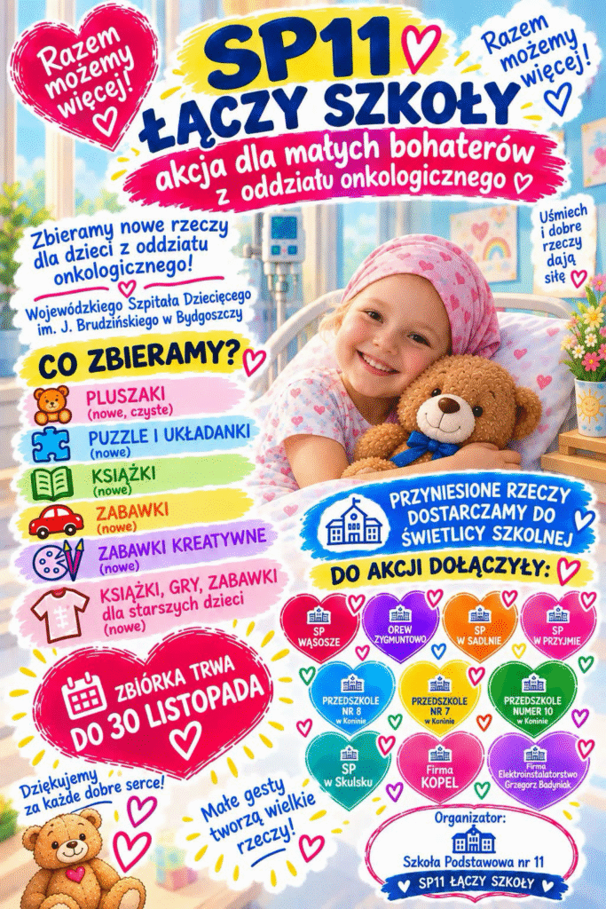Plakat „SP11 łączy szkoły – Akcja dla małych bohaterów z oddziału onkologicznego. Zbiórka dla dzieci z Wojewódzkiego Szpitala Dziecięcego im. J. Brudzińskiego w Bydgoszczy trwa do 30 listopada. Zbierane są wyłącznie nowe rzeczy: pluszaki, puzzle, układanki, książki, gry oraz zabawki, także kreatywne i dla starszych dzieci. Dary należy dostarczyć do świetlicy szkolnej. Organizatorem jest Szkoła Podstawowa nr 11. Hasło: „Razem możemy więcej!”.
