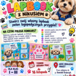 Kolorowy plakat konkursu logopedycznego „Lapbook z Nikusiem” dla uczniów klas I–III. Zadaniem dzieci jest stworzenie własnego lapbooka pełnego rymowanek, zagadek, łamańców językowych i ćwiczeń logopedycznych. Termin oddania: 16 listopada do p. Dominiki Krawczyk.