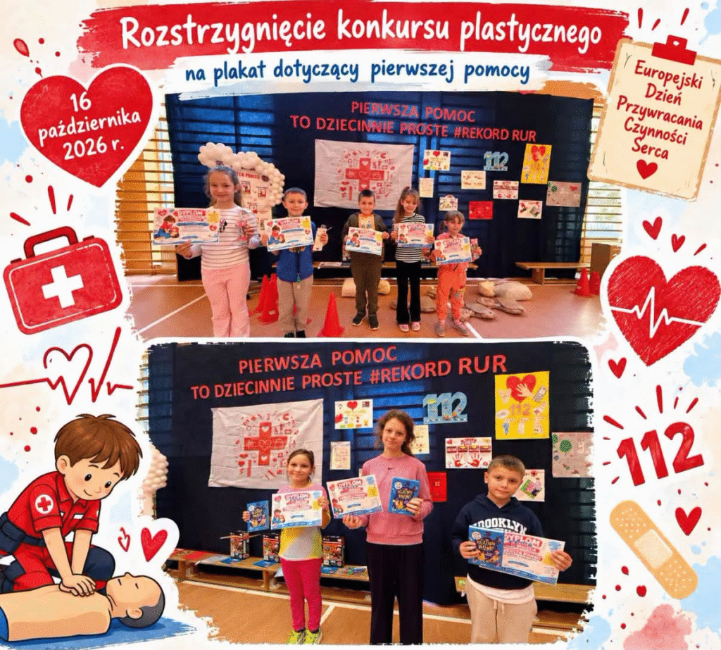 Plakat przedstawiający rozstrzygnięcie konkursu plastycznego na plakat dotyczący pierwszej pomocy. Uczniowie prezentują dyplomy i nagrody na tle prac konkursowych z okazji Europejskiego Dnia Przywracania Czynności Serca, 16 października 2026 r.
