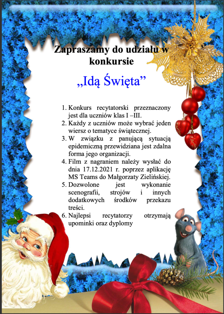Fotografia przedstawia plakat konkursu "Idą Święta". Na ilustracji Mikołaj.
