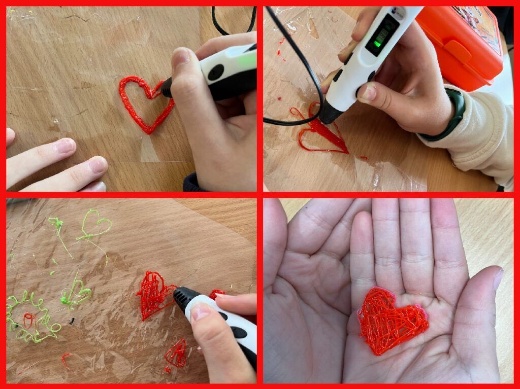 Kolaż przedstawia prace uczniów długopisem 3D czerwone serca. 
