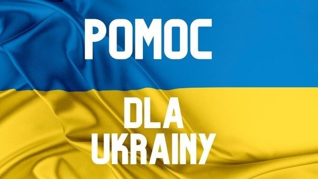 flaga Ukrainy niebiesko żółta z napisem pomoc dla Ukrainy