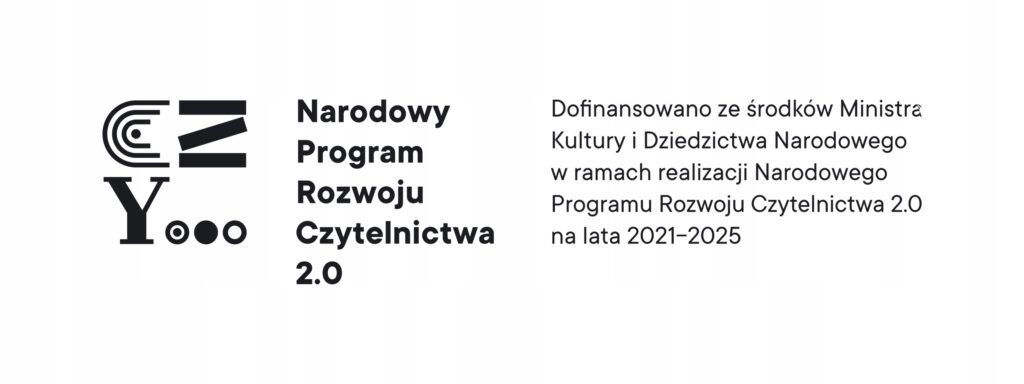 czarny tekst na białym tle informujący o Narodowym Programie Rozwoju Czytelnictwa, który dofinansowany jest z Ministerstwa Kultury