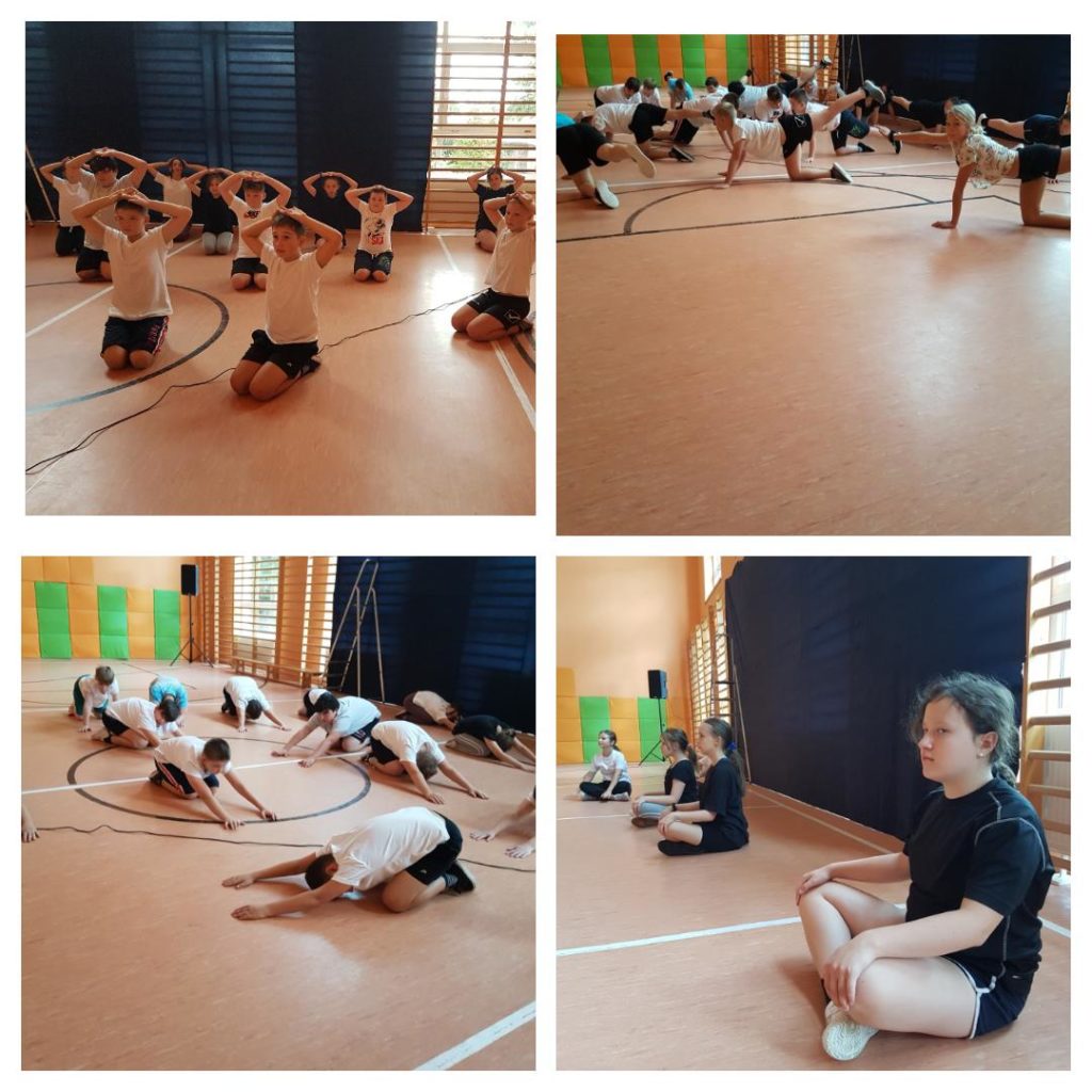 Fotografa przedstawia kolaż zdjęć ukazujących aktywność fizyczną uczniów ćwiczących jogę.