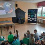 uczniowie oglądają prezentację na temat Dnia Ziemi wyświetlaną na ekranie